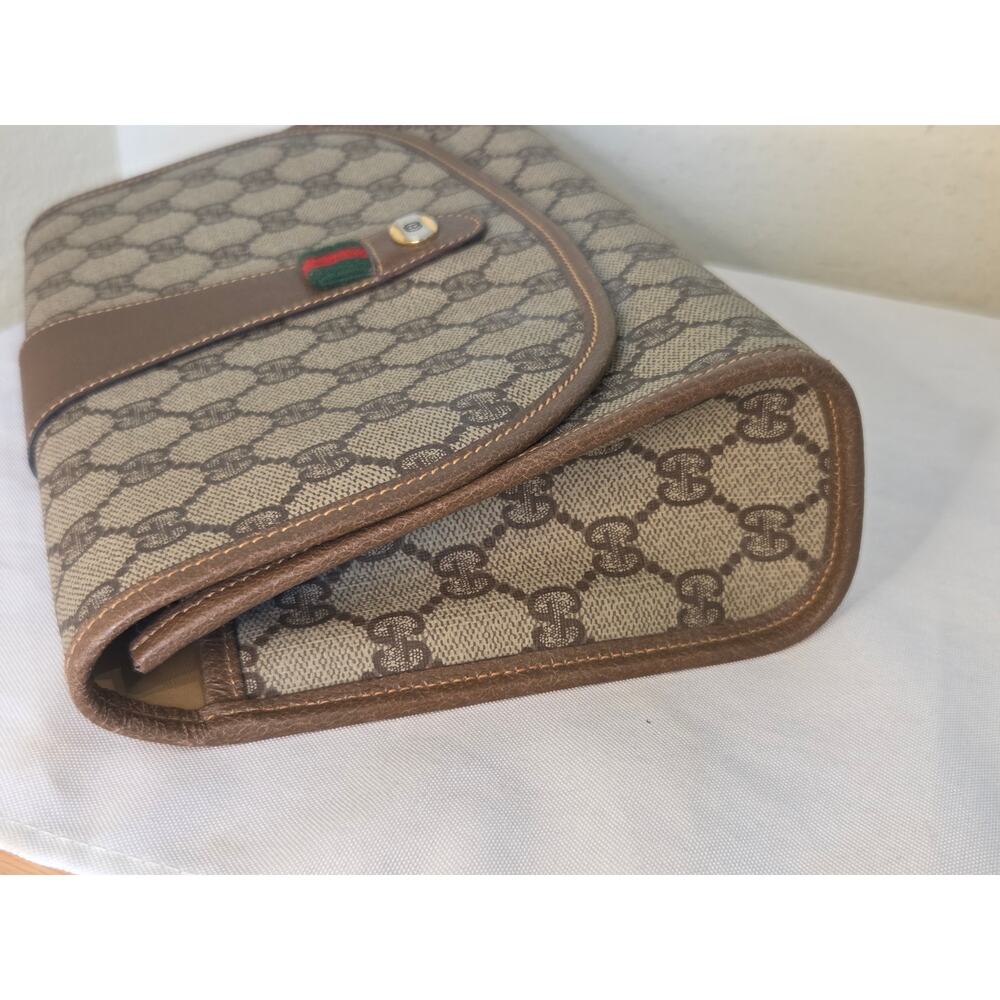 Gucci GG Supreme Clutch Bag Monogram Canvas Brown Leather Vintage Ophidia - Picture 6 of 15